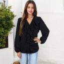 Black Large V-Neck Blouse with Ruffle Front Detail and Long Puff Sleeves