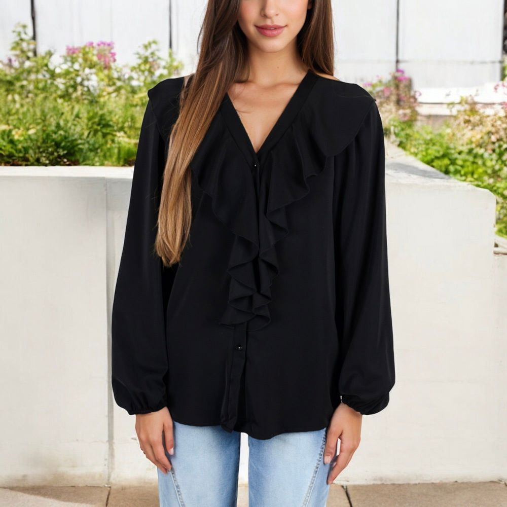 V-Neck Blouse with Ruffle Front Detail and Long Puff Sleeves