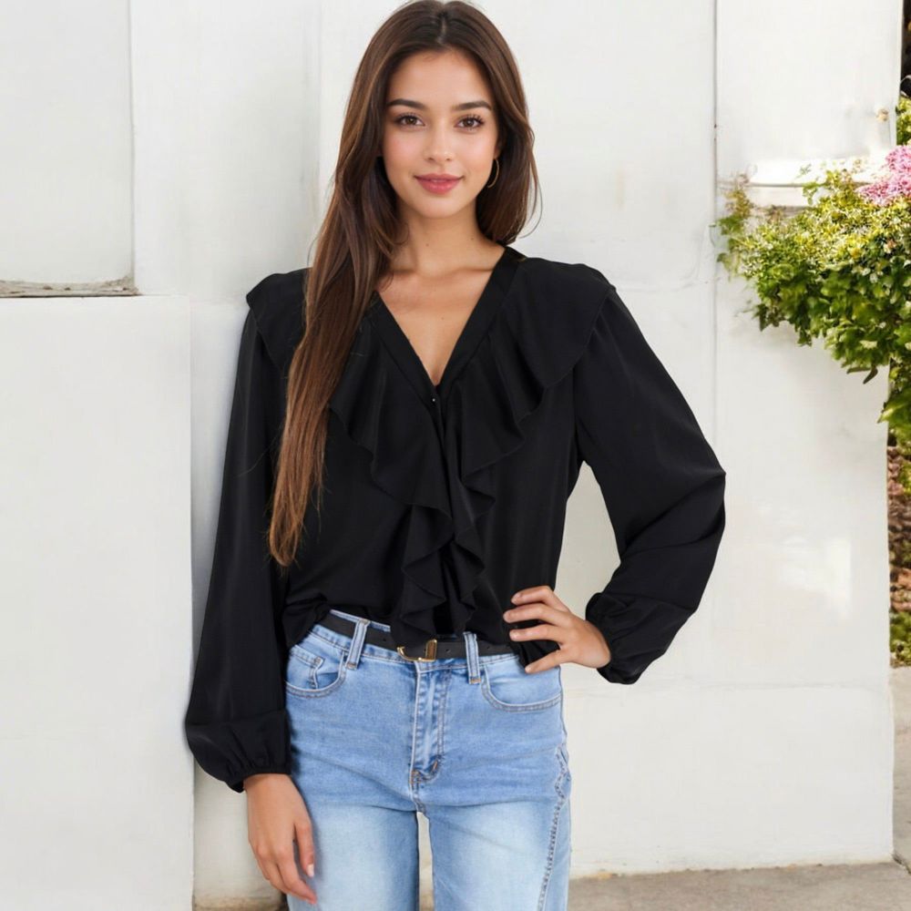 V-Neck Blouse with Ruffle Front Detail and Long Puff Sleeves