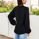 Black Large V-Neck Blouse with Ruffle Front Detail and Long Puff Sleeves