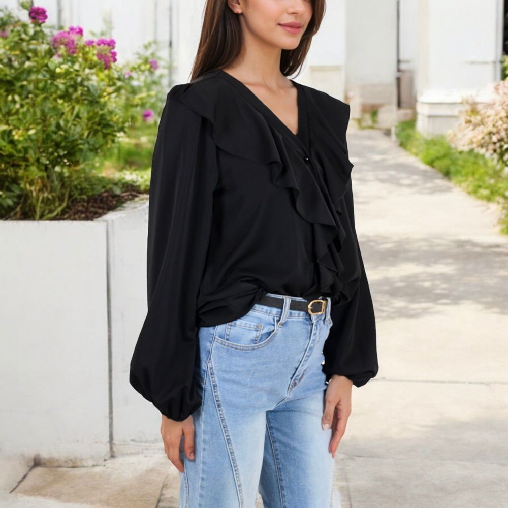 V-Neck Blouse with Ruffle Front Detail and Long Puff Sleeves