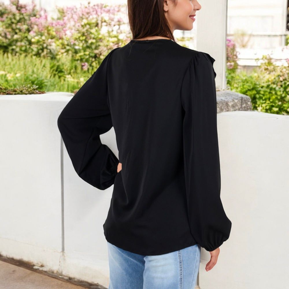 V-Neck Blouse with Ruffle Front Detail and Long Puff Sleeves