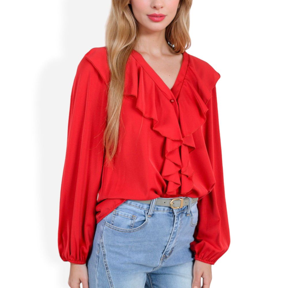 V-Neck Blouse with Ruffle Front Detail and Long Puff Sleeves