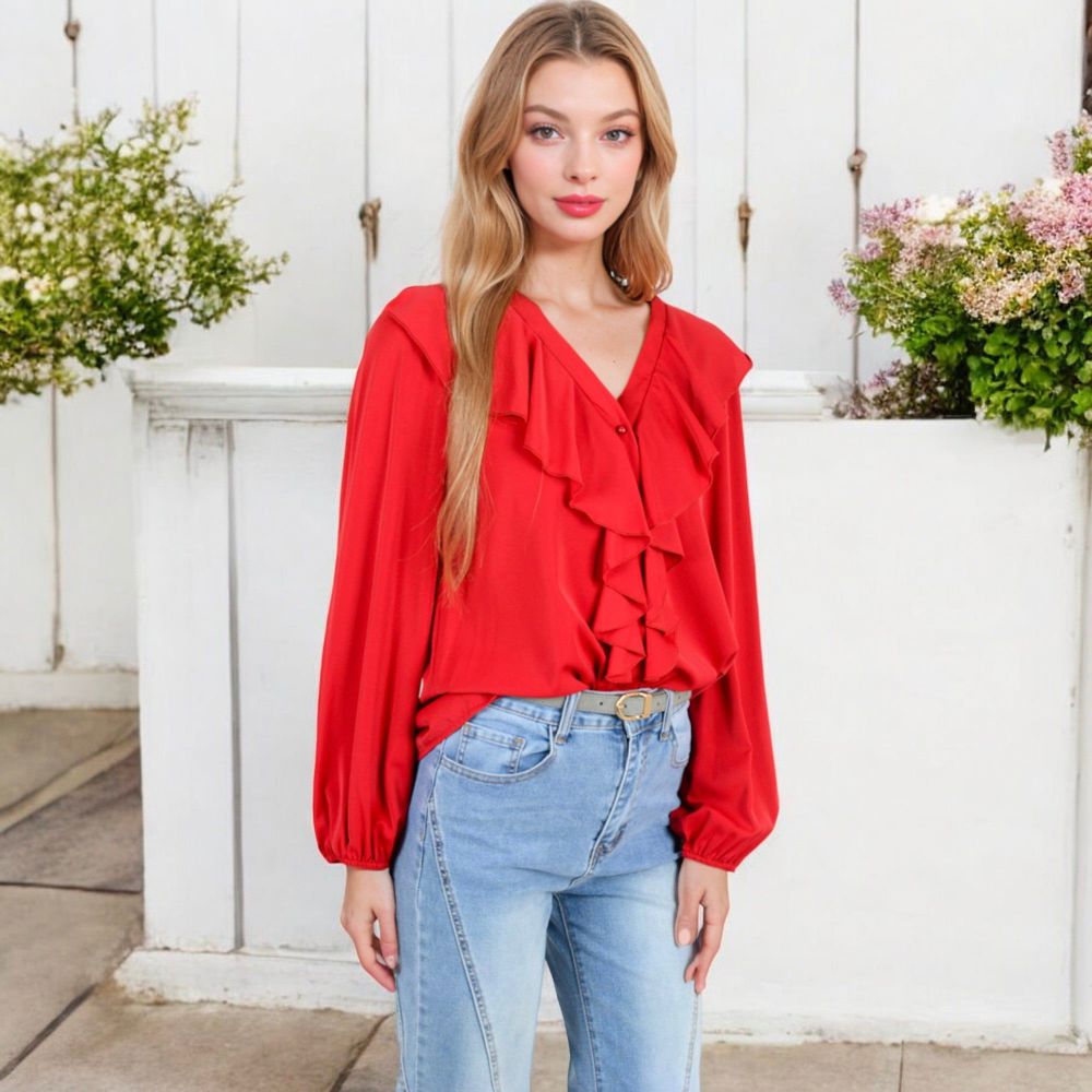 V-Neck Blouse with Ruffle Front Detail and Long Puff Sleeves