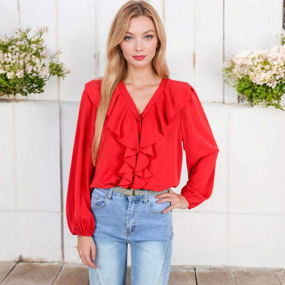 V-Neck Blouse with Ruffle Front Detail and Long Puff Sleeves