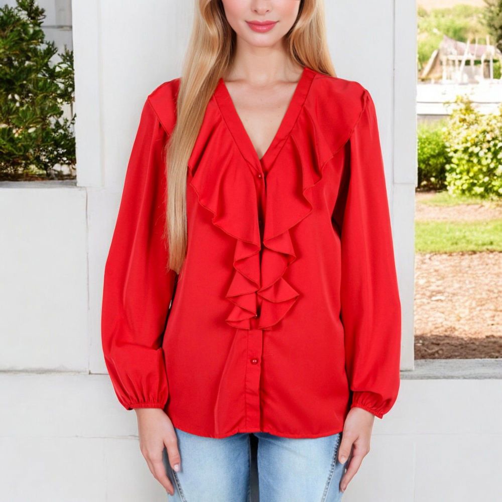 V-Neck Blouse with Ruffle Front Detail and Long Puff Sleeves