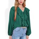 Green Large V-Neck Blouse with Ruffle Front Detail and Long Puff Sleeves