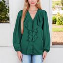 Green Large V-Neck Blouse with Ruffle Front Detail and Long Puff Sleeves