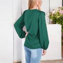 Green Large V-Neck Blouse with Ruffle Front Detail and Long Puff Sleeves