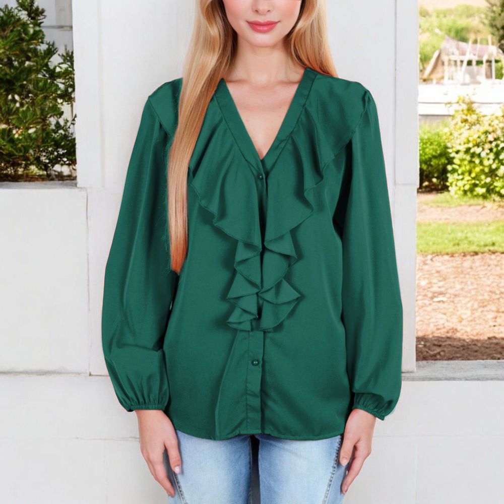 V-Neck Blouse with Ruffle Front Detail and Long Puff Sleeves