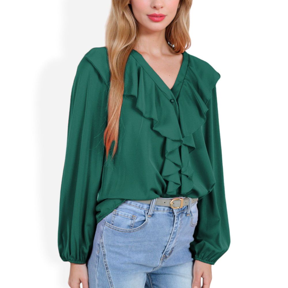 V-Neck Blouse with Ruffle Front Detail and Long Puff Sleeves