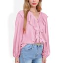 Pink Large V-Neck Blouse with Ruffle Front Detail and Long Puff Sleeves