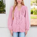 Pink Large V-Neck Blouse with Ruffle Front Detail and Long Puff Sleeves