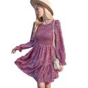  Smocked Chest Long Puffed Sleeve Floral Flared Dress