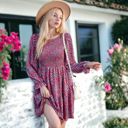  Smocked Chest Long Puffed Sleeve Floral Flared Dress