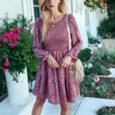  Smocked Chest Long Puffed Sleeve Floral Flared Dress