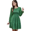 Green Large Smocked Chest Long Puffed Sleeve Floral Flared Dress