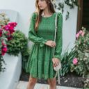 Green Large Smocked Chest Long Puffed Sleeve Floral Flared Dress