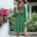 Green Large Smocked Chest Long Puffed Sleeve Floral Flared Dress