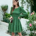 Green Large Smocked Chest Long Puffed Sleeve Floral Flared Dress