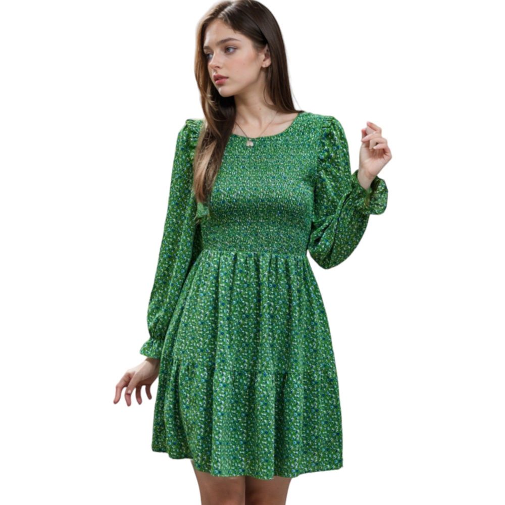 Smocked Chest Long Puffed Sleeve Floral Flared Dress