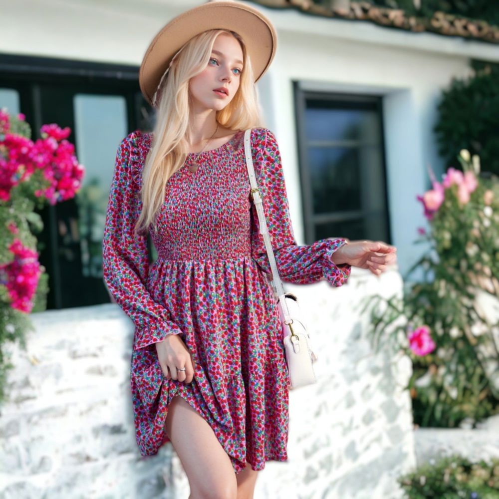 Smocked Chest Long Puffed Sleeve Floral Flared Dress