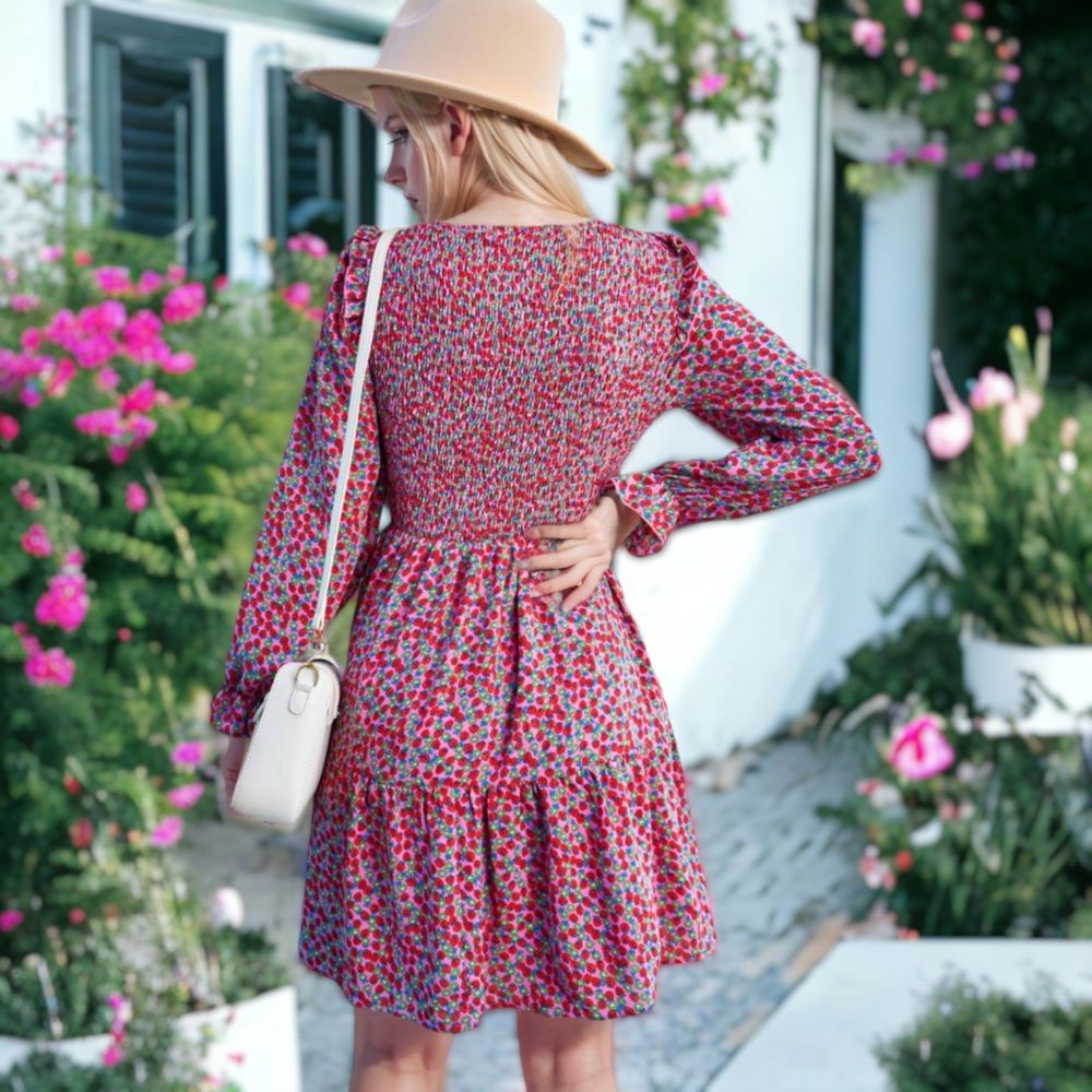 Smocked Chest Long Puffed Sleeve Floral Flared Dress