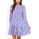 Purple Large Smocked Chest Long Puffed Sleeve Floral Flared Dress