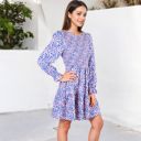 Purple Large Smocked Chest Long Puffed Sleeve Floral Flared Dress