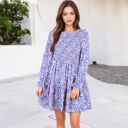 Purple Large Smocked Chest Long Puffed Sleeve Floral Flared Dress