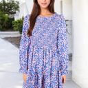 Purple Large Smocked Chest Long Puffed Sleeve Floral Flared Dress