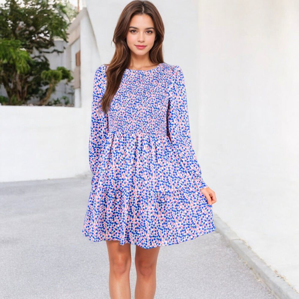 Smocked Chest Long Puffed Sleeve Floral Flared Dress