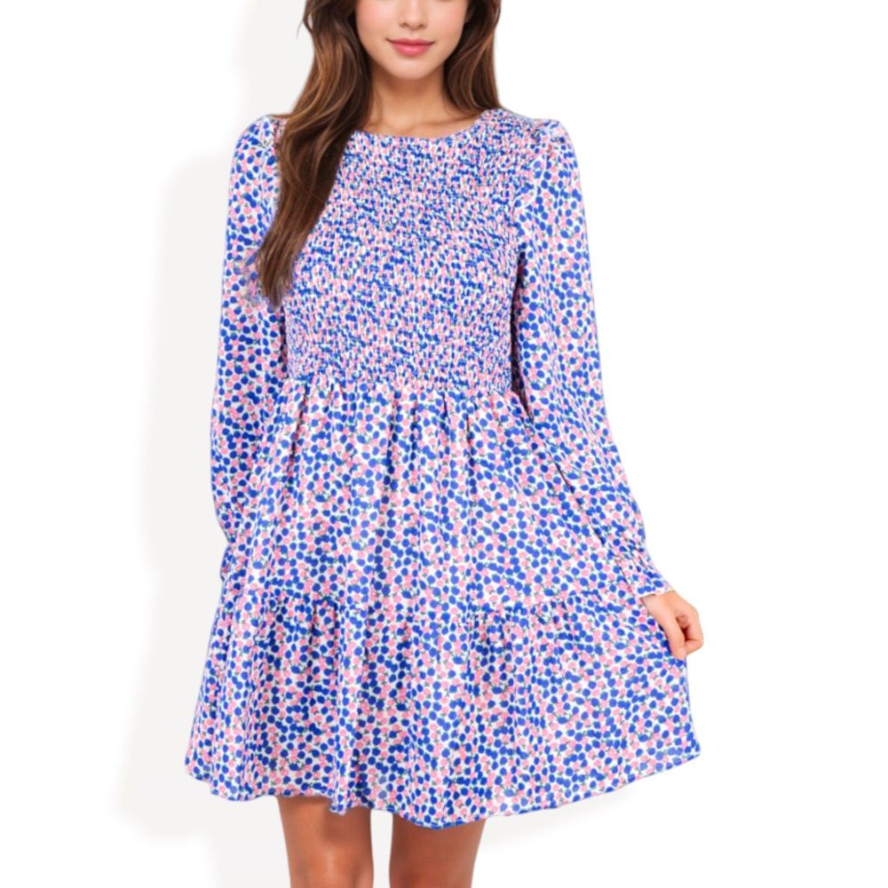 Smocked Chest Long Puffed Sleeve Floral Flared Dress