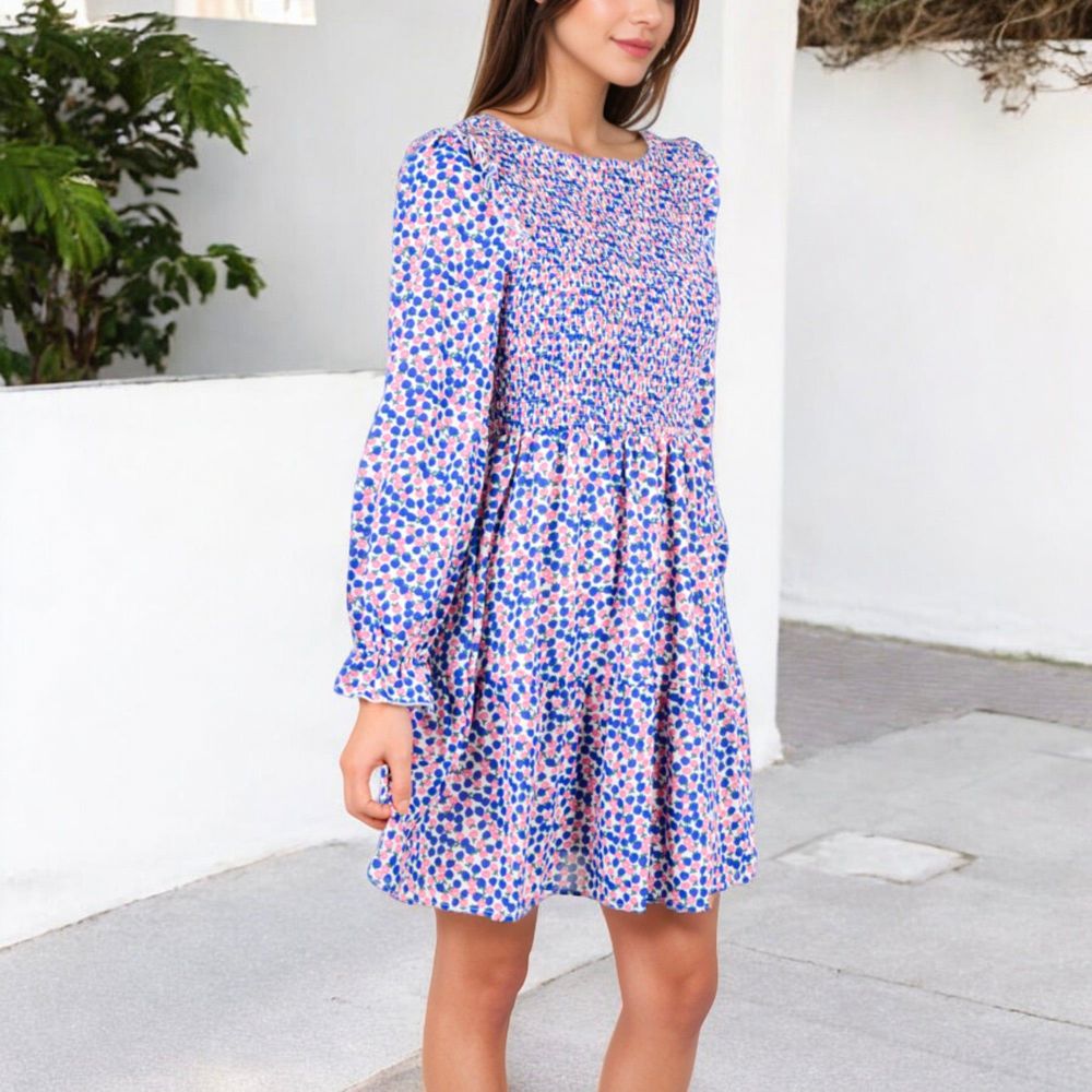 Smocked Chest Long Puffed Sleeve Floral Flared Dress