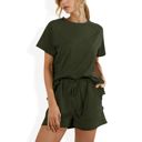  Short Sleeve Crew Neck Lounge Set with Drawstring Waist Shorts