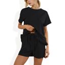 Black Large Short Sleeve Crew Neck Lounge Set with Drawstring Waist Shorts