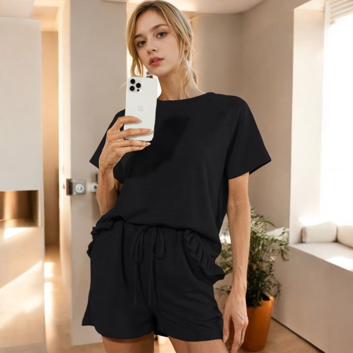 Short Sleeve Crew Neck Lounge Set with Drawstring Waist Shorts