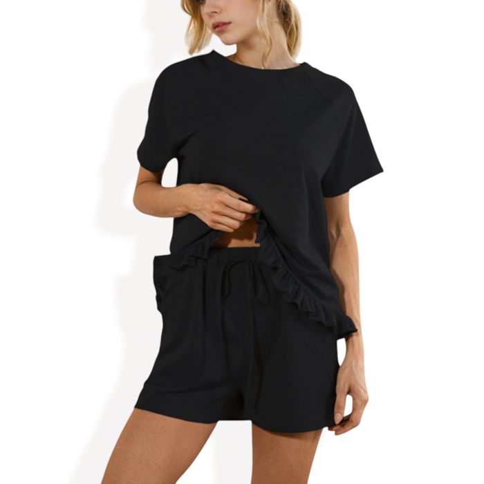 Short Sleeve Crew Neck Lounge Set with Drawstring Waist Shorts