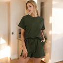 Green Large Short Sleeve Crew Neck Lounge Set with Drawstring Waist Shorts