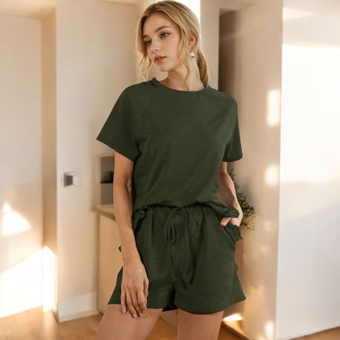 Short Sleeve Crew Neck Lounge Set with Drawstring Waist Shorts