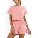 Pink Large Short Sleeve Crew Neck Lounge Set with Drawstring Waist Shorts