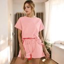 Pink Large Short Sleeve Crew Neck Lounge Set with Drawstring Waist Shorts