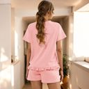 Pink Large Short Sleeve Crew Neck Lounge Set with Drawstring Waist Shorts