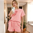 Pink Large Short Sleeve Crew Neck Lounge Set with Drawstring Waist Shorts