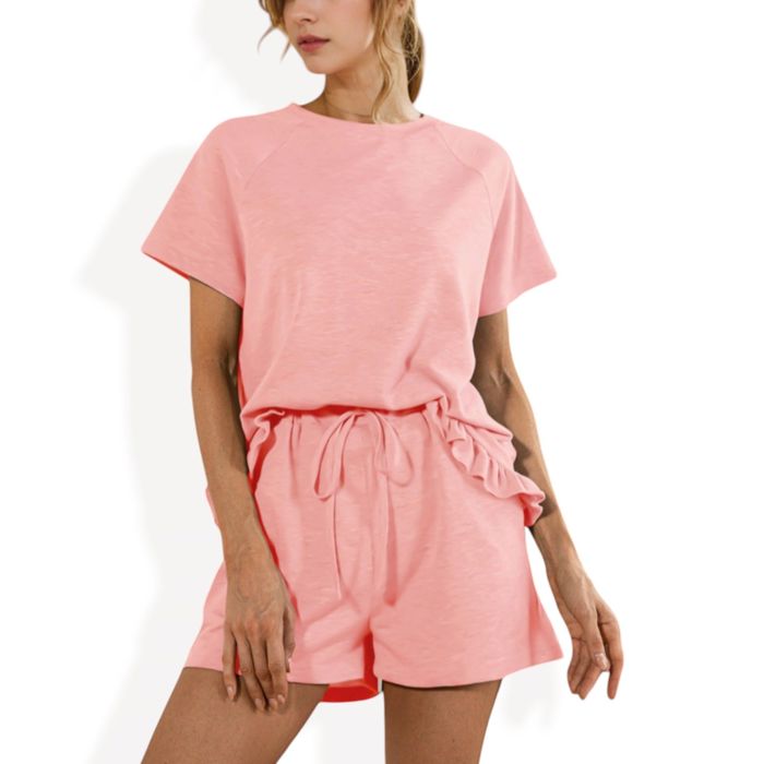 Short Sleeve Crew Neck Lounge Set with Drawstring Waist Shorts