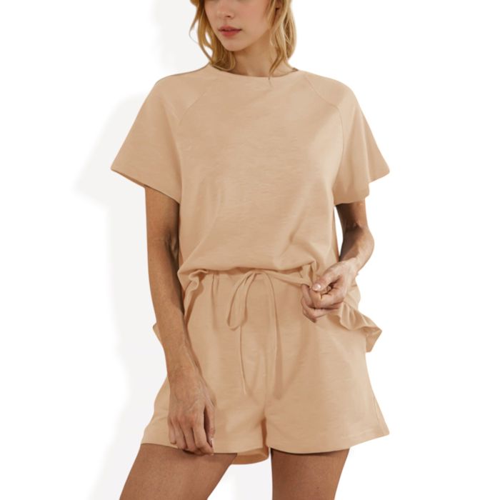 Short Sleeve Crew Neck Lounge Set with Drawstring Waist Shorts