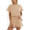 Beige Large Short Sleeve Crew Neck Lounge Set with Drawstring Waist Shorts