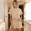 Beige Large Short Sleeve Crew Neck Lounge Set with Drawstring Waist Shorts