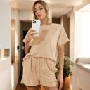 Beige Large Short Sleeve Crew Neck Lounge Set with Drawstring Waist Shorts