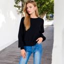 Black Large Long Sleeve Ribbed Knit Pullover Sweater with Crew Neck